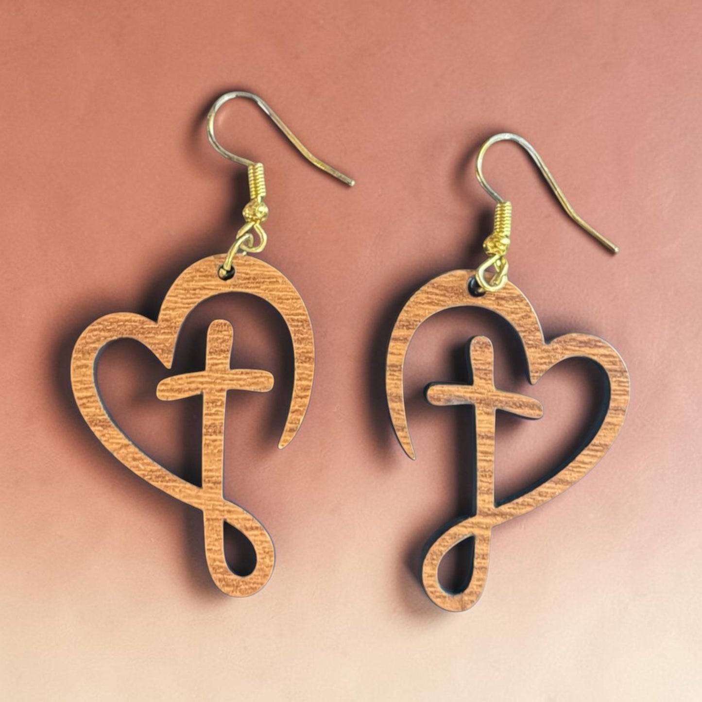 Cross Heart Wood Earrings