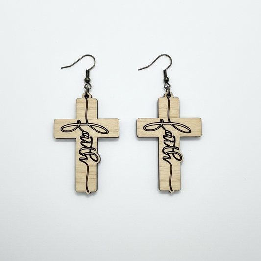 "Faith" Wood Cross Earrings
